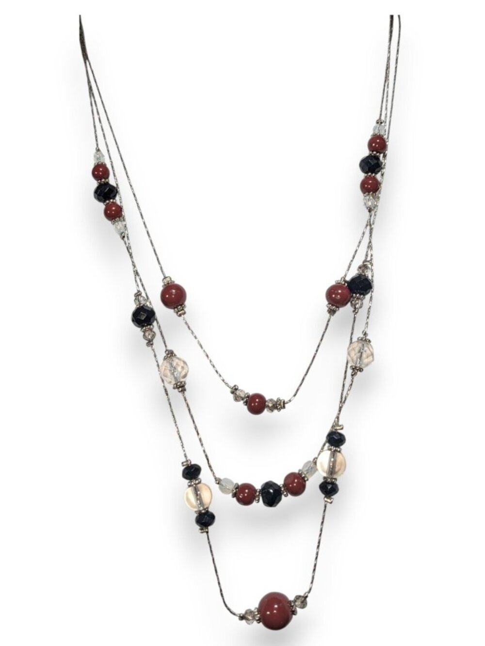 Gothic Glam Layered Red Black Clear Beaded Necklace 18 Inch